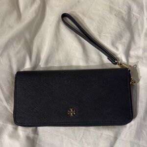Tory Burch Navy Zip Around Wallet with Gold Accent